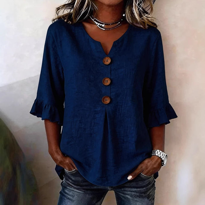 Women's V-Neck Cotton-Linen Button-Up Top.