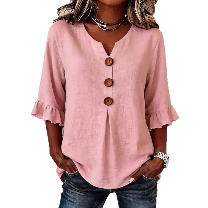 Women's V-Neck Cotton-Linen Button-Up Top.