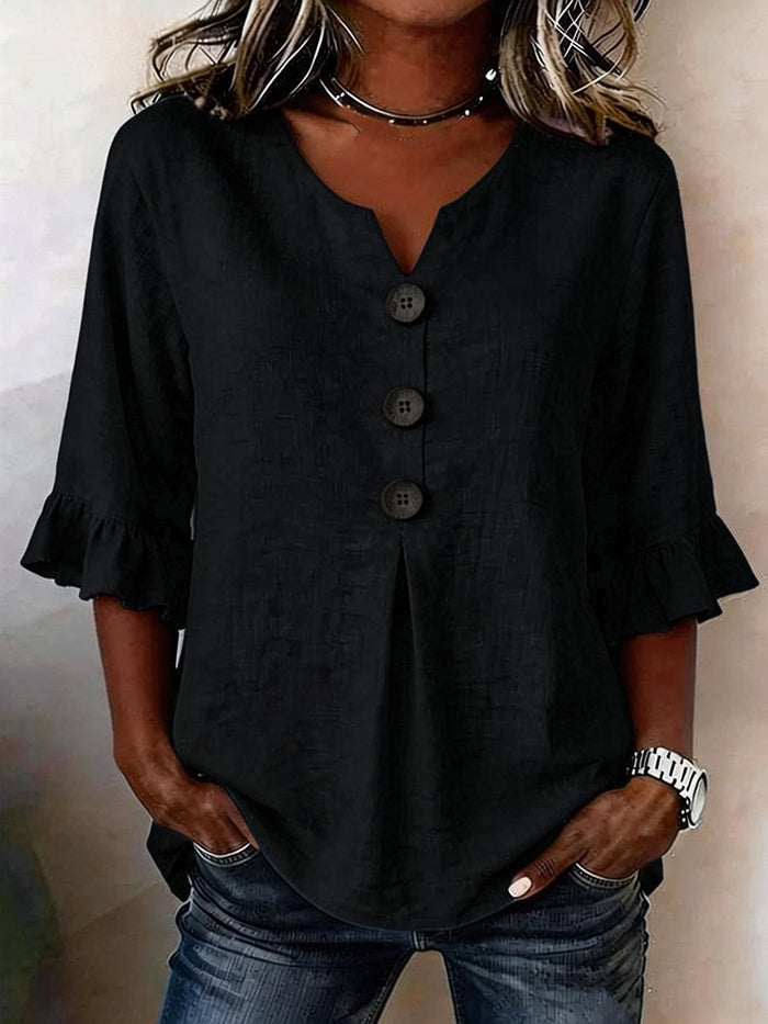 Women's V-Neck Cotton-Linen Button-Up Top.