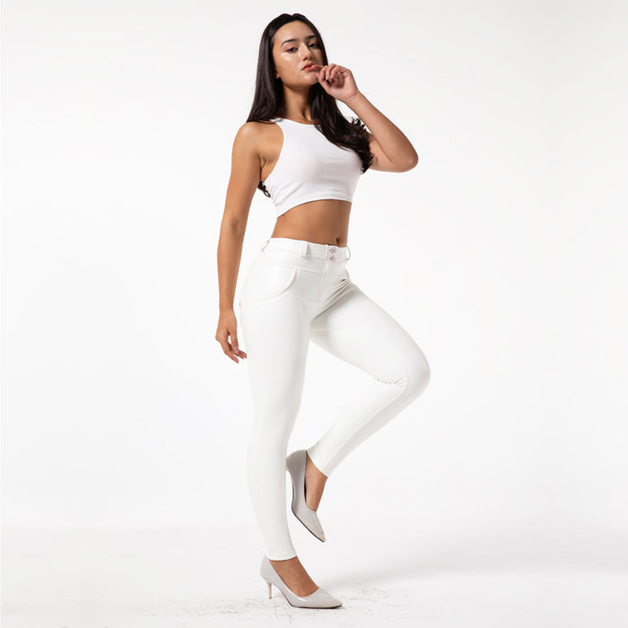 Women's White Fashion Leather Casual Pants