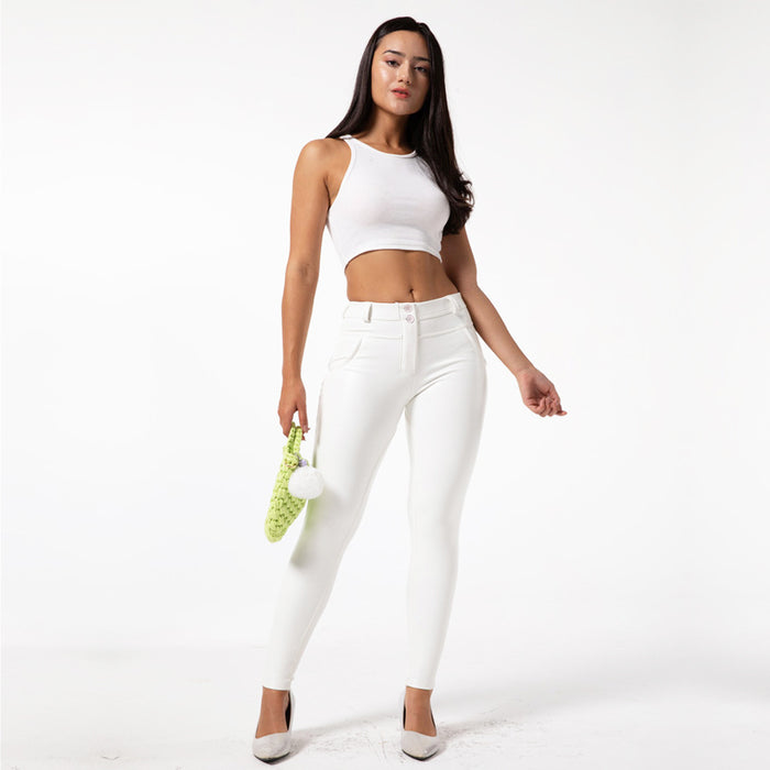 Women's White Fashion Leather Casual Pants