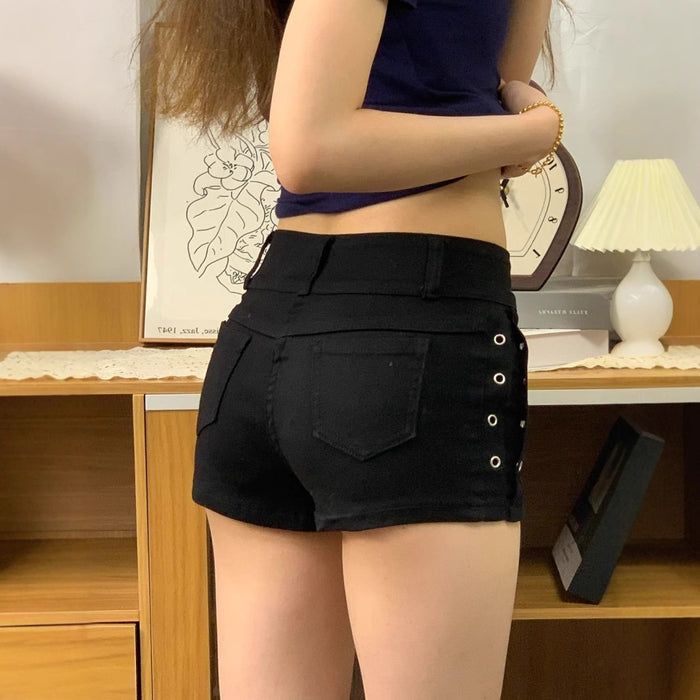 Women's Y2K Rivet Low-Rise Denim Micro Shorts in Black