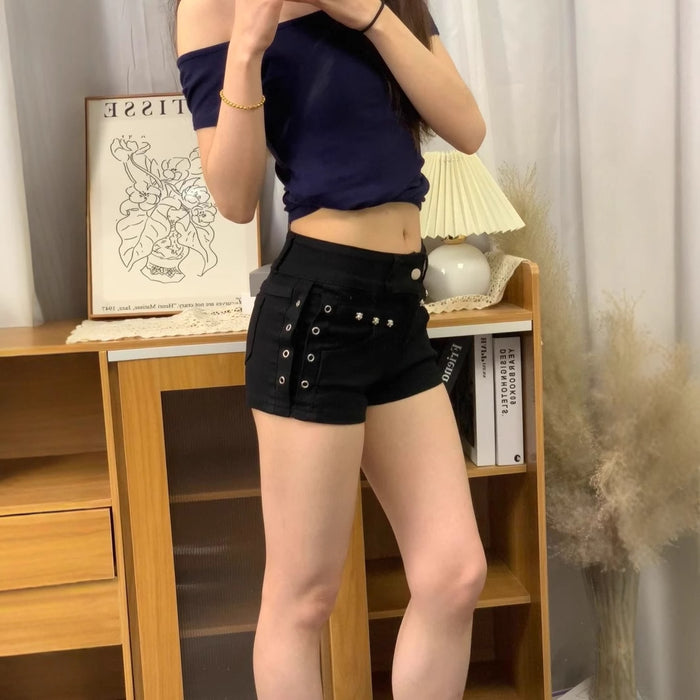 Women's Y2K Rivet Low-Rise Denim Micro Shorts in Black