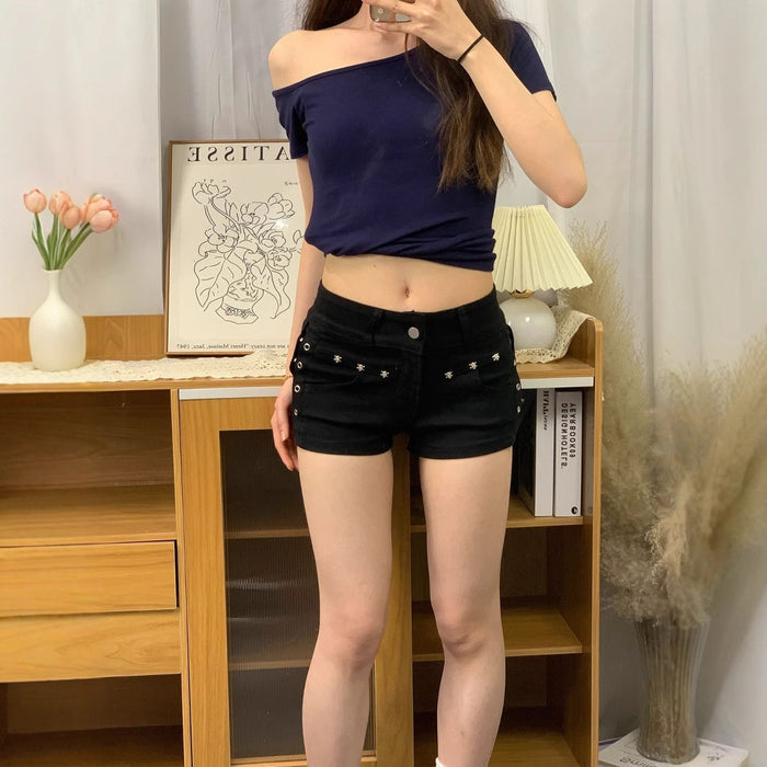 Women's Y2K Rivet Low-Rise Denim Micro Shorts in Black