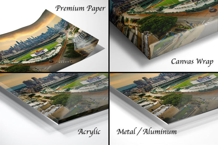 four different views of a cityscape, including a premium paper print, a canvas wrap, an acrylic print, and a metal/aluminum print.