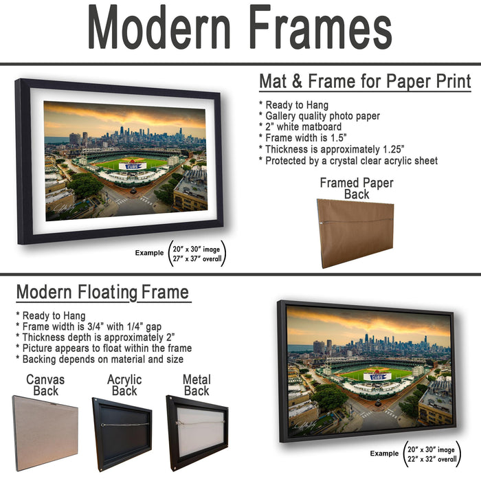 The image is a collage of two framed pictures, one of a city skyline and the other of a baseball field. The collage is presented in two different frame types: a modern floating frame and a modern hanging frame.