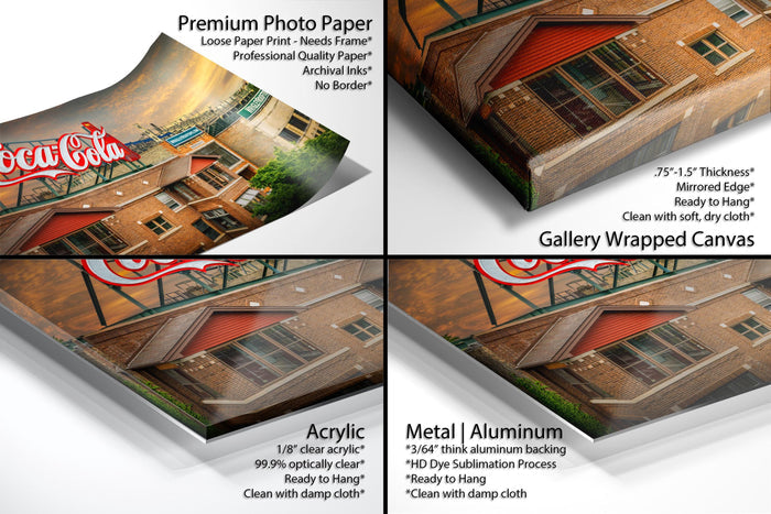 The image is a collage of four photos featuring a building with a red roof, a sign for Coca-Cola, and a building with a red roof. The collage includes three different views of the building and the Coca-Cola sign, as well as a gallery-wrapped canvas print of the building and the sign.