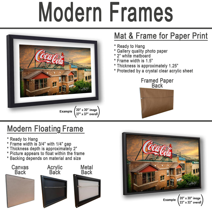 The image is a collage of two framed pictures, one of a building and one of a Coca-Cola sign. The collage features a modern floating frame and a mat and frame for paper print.