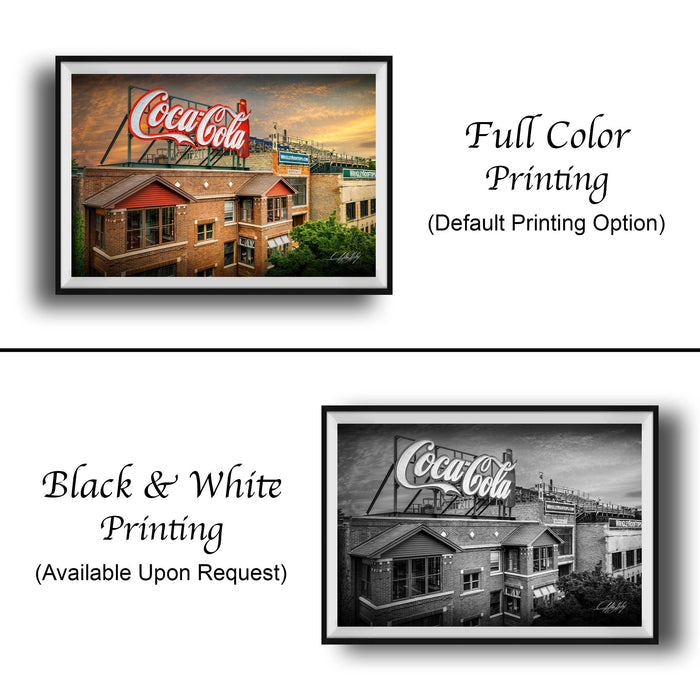 The image is a collage of two framed pictures. The top picture is a full color print of a Coca-Cola sign, while the bottom picture is a black and white print of the same sign. Both pictures feature the Coca-Cola logo prominently.
