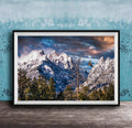 A framed photograph of a snow-capped mountain range with a cloudy sky, surrounded by pine trees and a lone bird in flight.