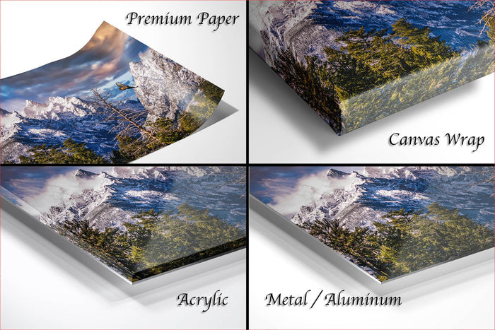 The image is a collage of four different images, each depicting a landscape with mountains and trees. The images are labeled as "Premium Paper", "Canvas Wrap", "Acrylic", and "Metal/Aluminum".