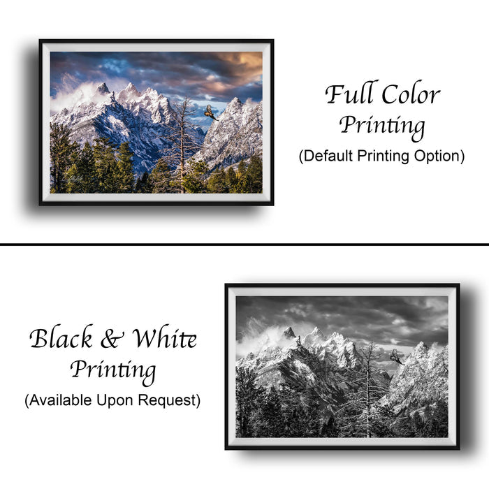The image is a collage of two framed pictures. The top picture is a full color print of a mountainous landscape, while the bottom picture is a black and white print of the same mountainous landscape. Both pictures are framed and available upon request.
