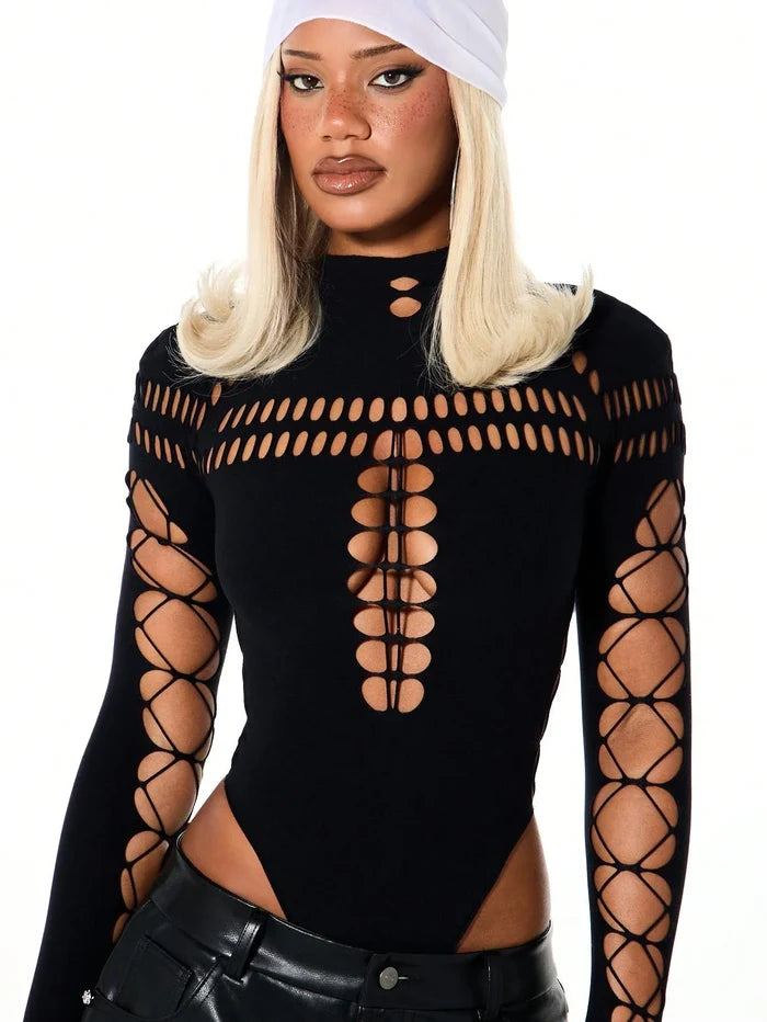 Y2K High-Neck Hollow-Out Bodysuit with Lace-Up Mesh Sleeves