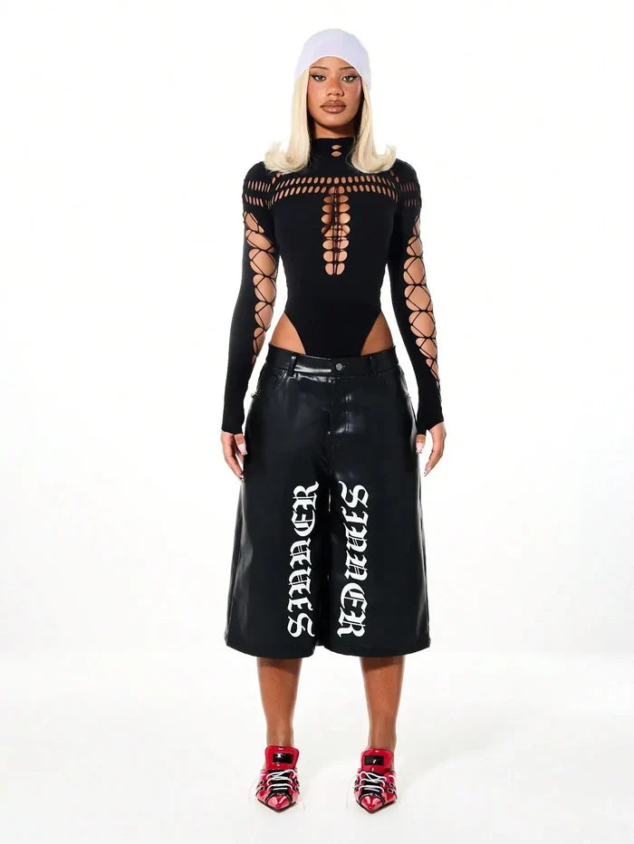 Y2K High-Neck Hollow-Out Bodysuit with Lace-Up Mesh Sleeves