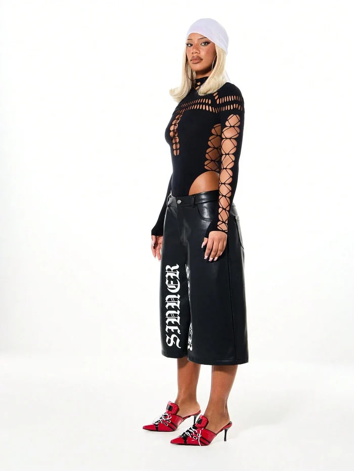 Y2K High-Neck Hollow-Out Bodysuit with Lace-Up Mesh Sleeves