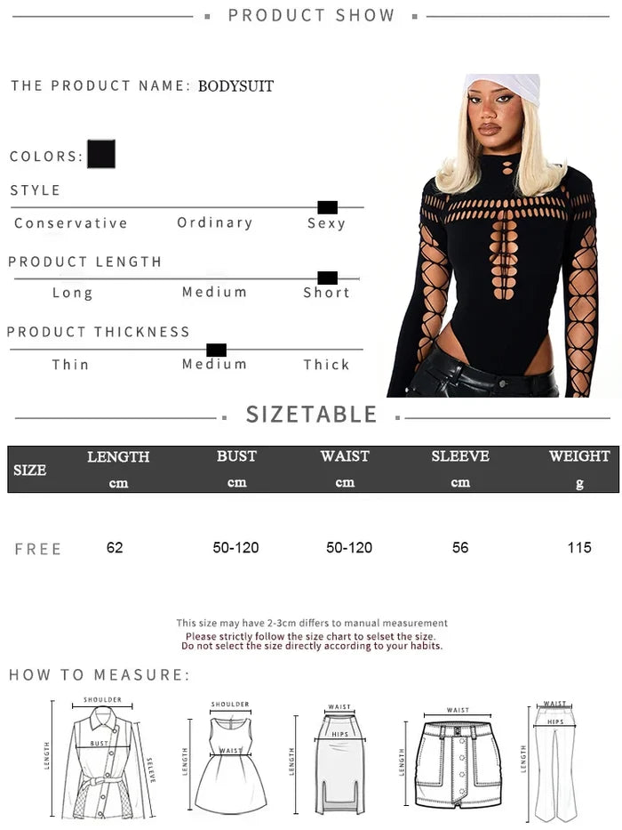 Y2K High-Neck Hollow-Out Bodysuit with Lace-Up Mesh Sleeves