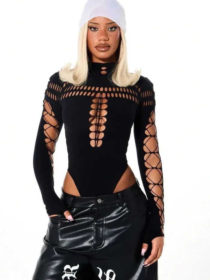 Y2K High-Neck Hollow-Out Bodysuit with Lace-Up Mesh Sleeves