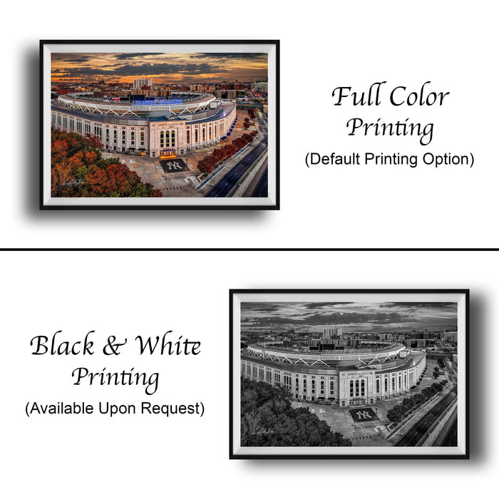 The image is a collage of two framed pictures. The left frame shows a full-color image of a stadium, while the right frame displays a black and white version of the same stadium. The text below the images indicates that the printing option is "Full Color Printing" and that the print is available upon request.