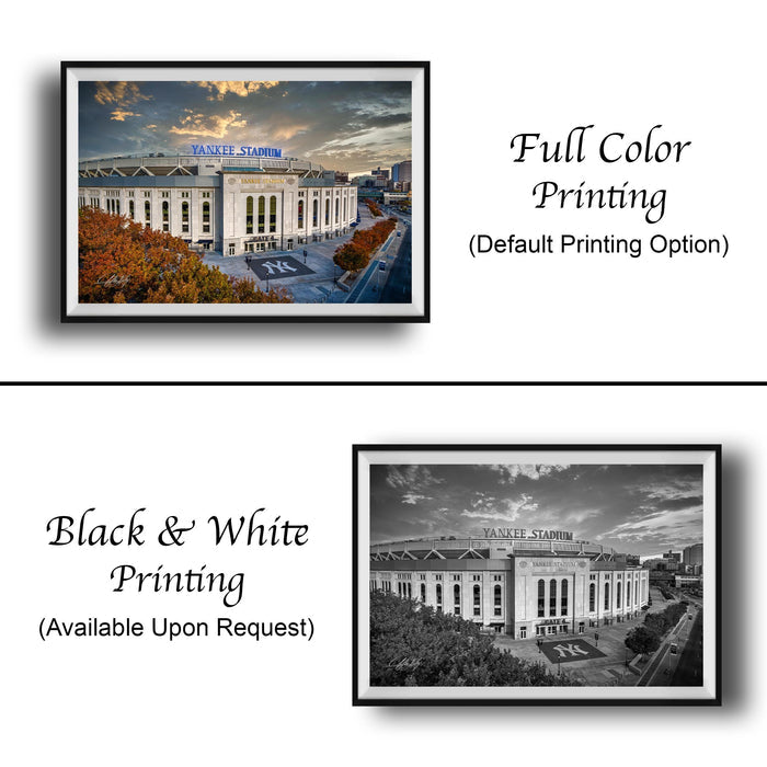 The image is a collage of two framed pictures, one in black and white and the other in full color. The black and white picture depicts a baseball stadium, while the full color picture shows the same stadium in its full-color version. Both pictures are labeled as "Full Color Printing" and "Black & White Printing" respectively.