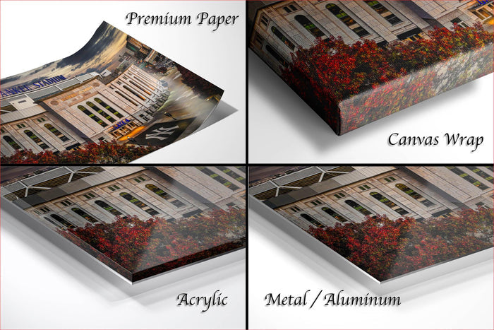 The image is a collage of four different views of a building, with each view labeled as "Premium Paper", "Canvas Wrap", "Acrylic", and "Metal/Aluminum".