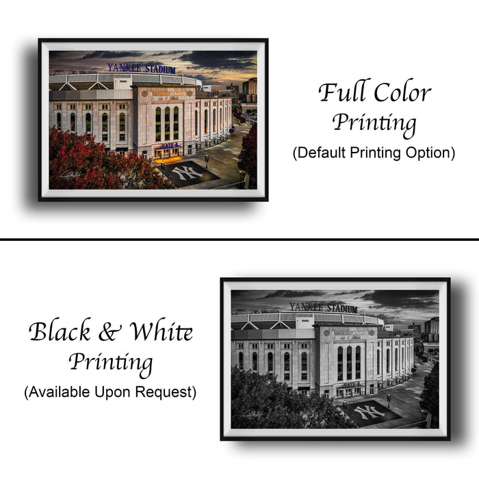 The image is a collage of two framed pictures, one in black and white and the other in full color. The black and white picture depicts a baseball stadium, while the full color picture shows the same stadium in its full-color version. Both pictures are labeled as "Full Color Printing (Default Printing Option)" and are available upon request.