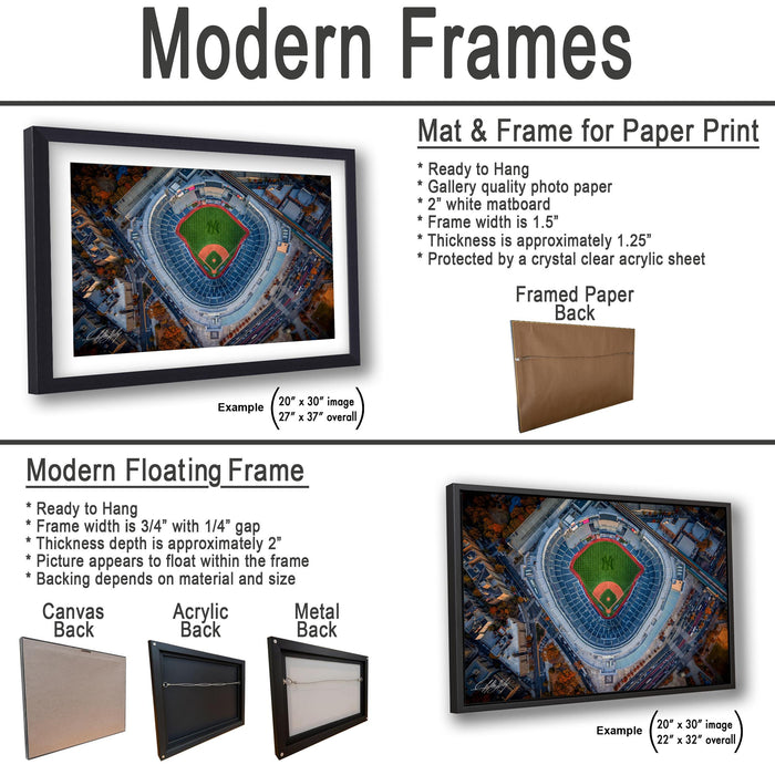 The image is a collage of two framed pictures, one of a baseball field and the other of a city skyline. The framed picture is a mat and frame for a paper print, while the other is a modern floating frame.