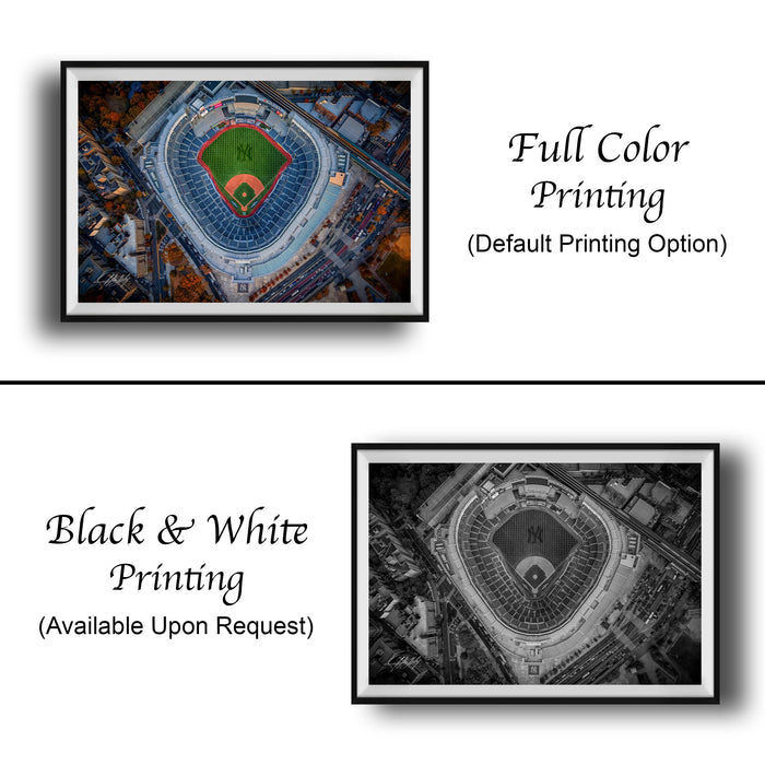 The image is a collage of two framed pictures. The top picture is a full color print of a baseball stadium, while the bottom picture is a black and white print of the same stadium. Both pictures are framed and available upon request.