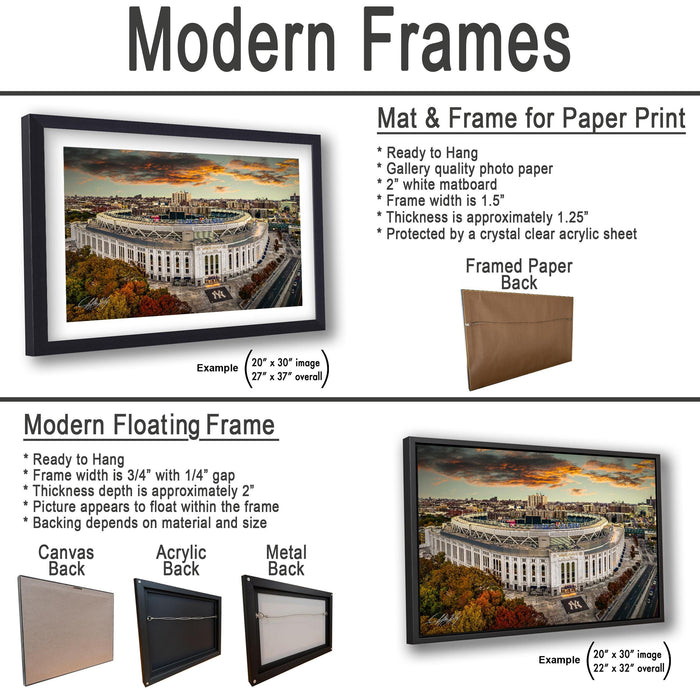 The image is a collage of two framed pictures, one of a modern floating frame and the other of a mat and frame for paper print. The collage features a variety of frames and frames for paper print, including a mat and frame for a paper print back, a modern floating frame, and a mat and frame for a paper print back. The collage showcases different frame options and their respective sizes, such as 20" x 30" and 22" x 32" sizes.