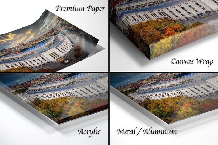 The image is a collage of four different images, each depicting a different type of paper or canvas material used for printing or framing. The images include a premium paper, a canvas wrap, an acrylic, and a metal/aluminum.