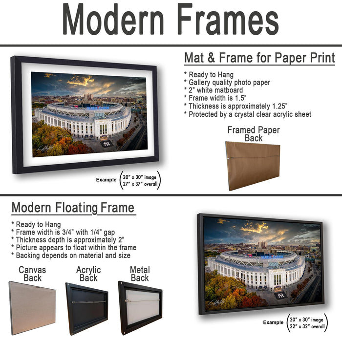 The image is a collage of two framed pictures, one of a stadium and one of a city skyline, both featuring modern designs.