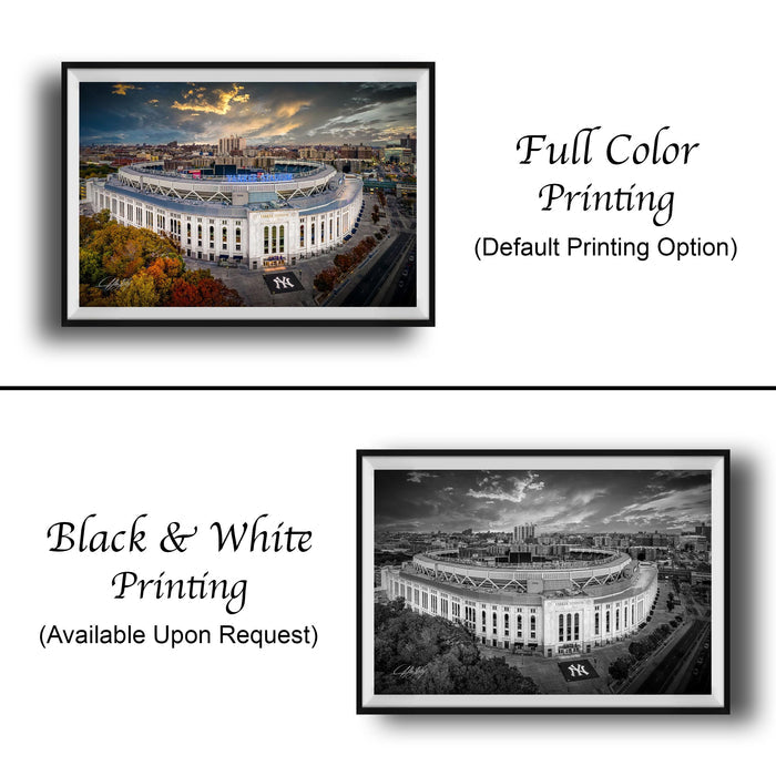 The image is a collage of two framed pictures. The top picture is a full color print of a large stadium, while the bottom picture is a black and white print of the same stadium. Both pictures are framed and available upon request.