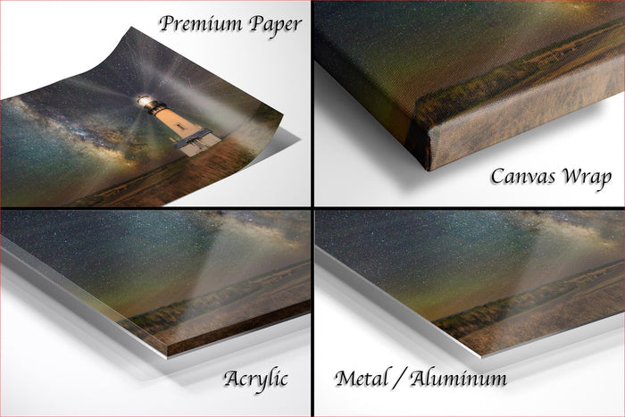 The image is a collage of four photos depicting different types of materials used for printing, including premium paper, canvas wrap, acrylic, and metal/aluminum.