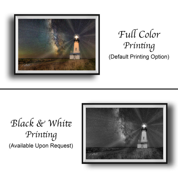 The image is a collage of two framed pictures, one in black and white and the other in full color. The black and white picture depicts a lighthouse, while the full color picture shows the same lighthouse against a starry night sky. The black and white picture is labeled as "Black & White Printing" and the full color picture is labeled as "Full Color Printing (Default Printing Option)".