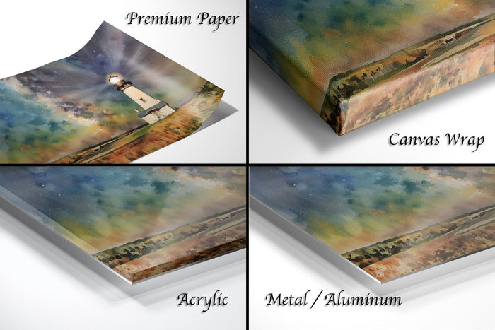 The image is a collage of four different types of print materials, including a premium paper, a canvas wrap, an acrylic print, and a metal/aluminum print.
