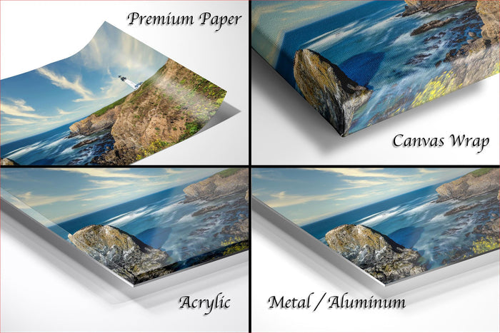 The image is a collage of four different views of a coastal landscape, including a lighthouse, cliffs, and the ocean.