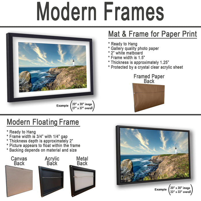 The image is a collage of various framed artworks, including a mat and frame for a paper print, a modern floating frame, and a framed paper back. The collage showcases different types of frames and their corresponding artwork.
