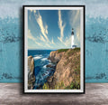A framed photograph of a lighthouse on a cliff overlooking the ocean, with a blue sky and wispy clouds in the background.