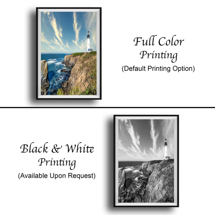 two framed pictures. The top picture is a full color print of a lighthouse on a cliff, while the bottom picture is a black and white print of the same lighthouse. Both pictures are framed and available upon request.