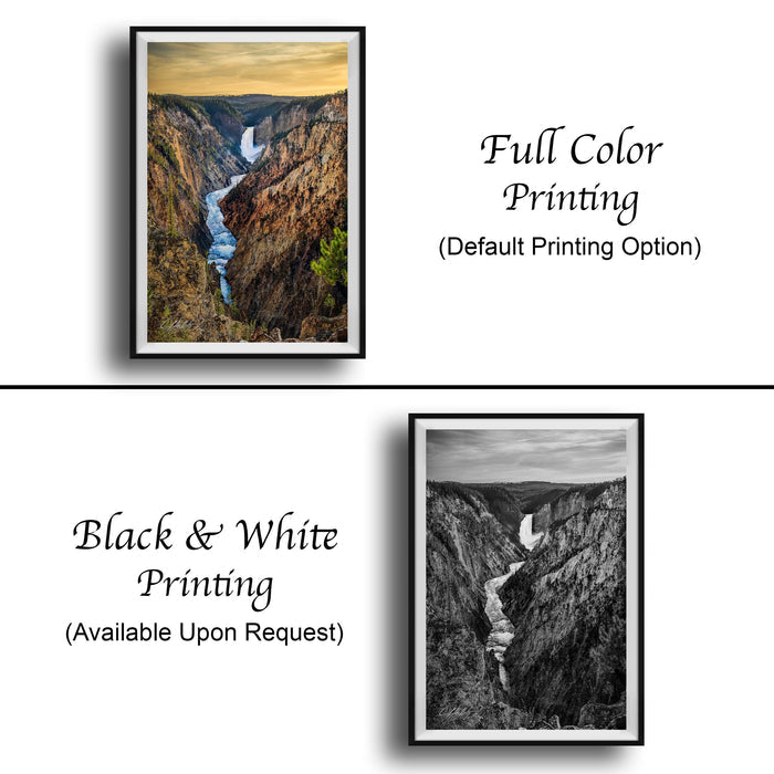 The image is a collage of two framed pictures. The top picture is a full color print of a waterfall, while the bottom picture is a black and white print of the same waterfall. Both pictures are framed and available upon request.