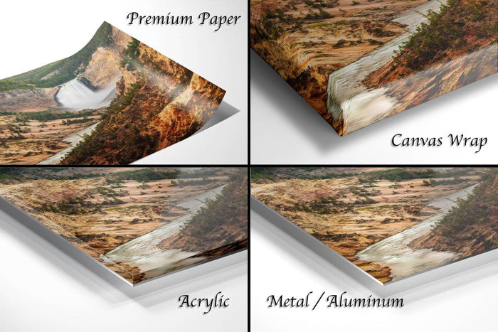 The image is a collage of four different types of print materials, including premium paper, canvas wrap, acrylic, and metal/aluminum.