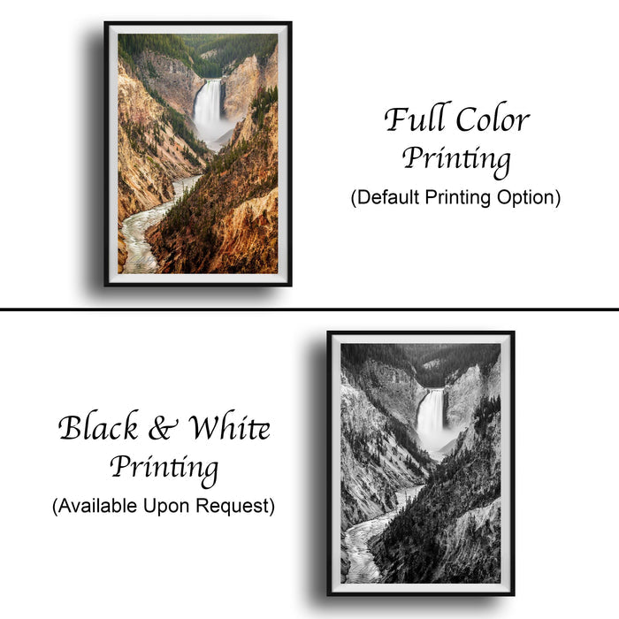 The image is a collage of two framed pictures, one in black and white and the other in full color. The black and white picture depicts a waterfall, while the full color picture shows the same waterfall in vibrant hues. Both pictures are framed and available upon request.