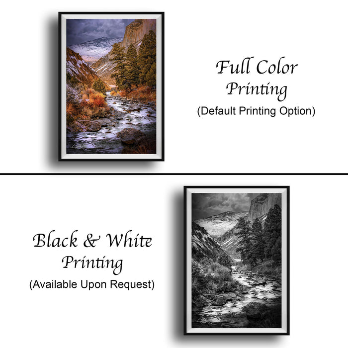The image is a collage of two framed pictures. The top picture is a full color print of a mountainous landscape, while the bottom picture is a black and white print of the same mountainous landscape. Both pictures are framed and available upon request.