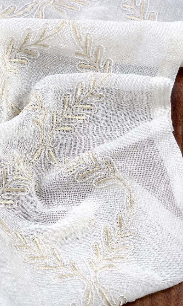 Sheer Floral Embroidered Fabric Material By the Metre (White/ Beige)