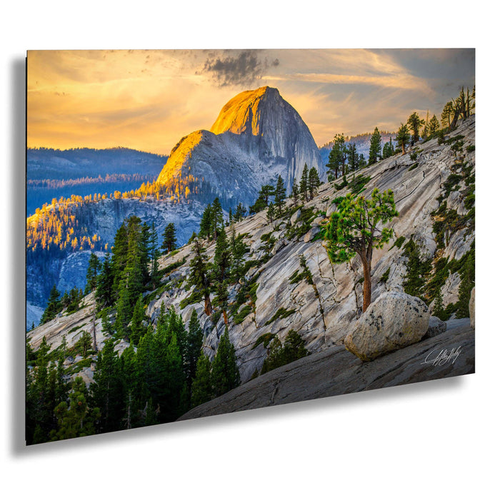 a breathtaking view of a mountainous landscape at sunset, with a large, snow-capped peak in the distance and a rocky outcropping with a tree growing on it in the foreground.