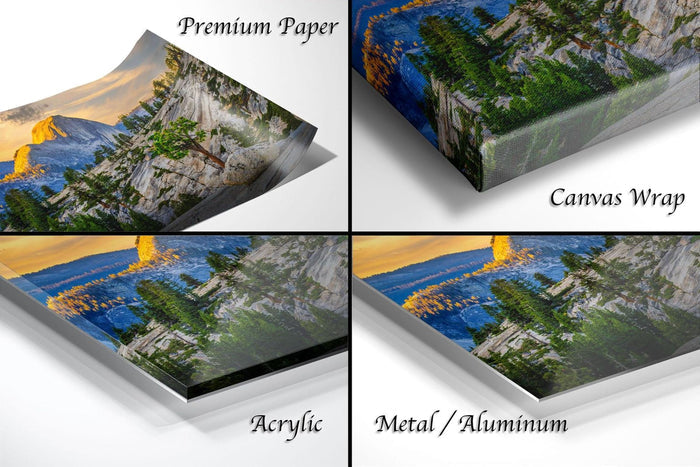 The image is a collage of four different views of a landscape, including a mountain, trees, and water, presented in various materials such as acrylic, metal, and canvas wrap.