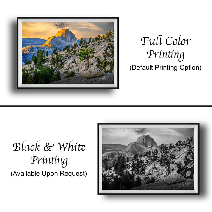 The image is a collage of two framed photographs. The top photograph is a full color print of a mountainous landscape, while the bottom photograph is a black and white print of the same mountainous landscape. The text below the images indicates that the full color printing is available upon request, and the black and white print is not.