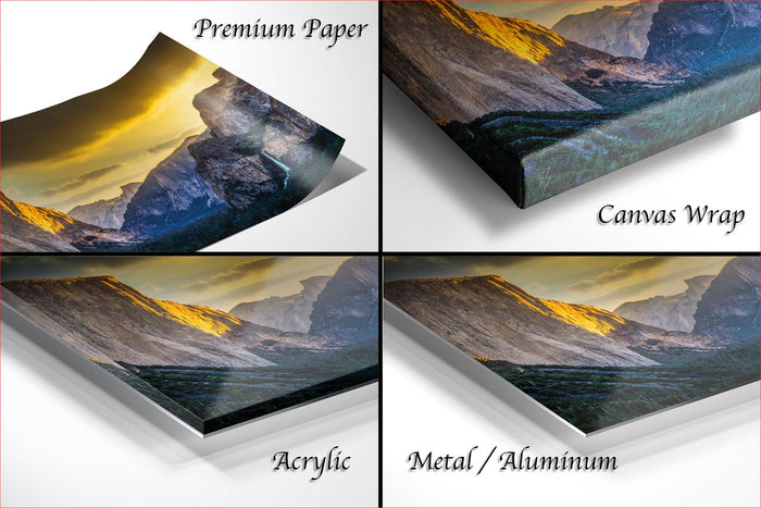 The image is a collage of four different images, each depicting a mountainous landscape. The images are labeled as "Premium Paper", "Canvas Wrap", "Acrylic", and "Metal/Aluminum".