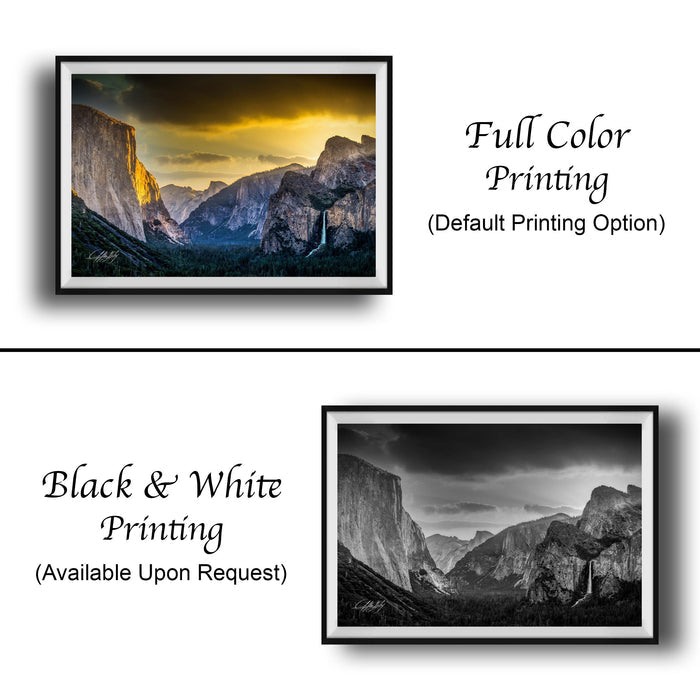 The image is a collage of two framed pictures, one in black and white and the other in full color. The black and white picture is labeled as "Black & White Printing" and the full color picture is labeled as "Full Color Printing (Default Printing Option)".