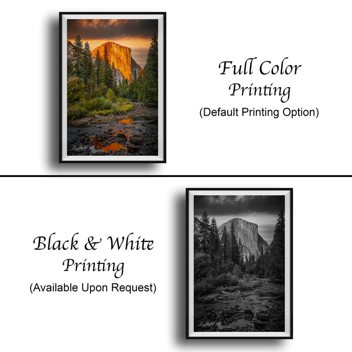 The image is a collage of two framed pictures. The top picture is a full color print of a scenic landscape with a mountain and trees, while the bottom picture is a black and white print of the same landscape. Both pictures are framed and available upon request.