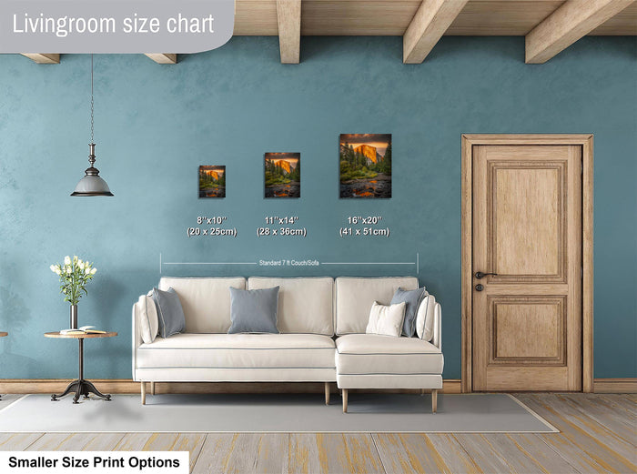 a living room with a white sofa, a wooden door, and a painting on the wall. The painting is of a landscape with a river and mountains. The living room appears to be designed for relaxation and comfort, with a cozy and inviting atmosphere.